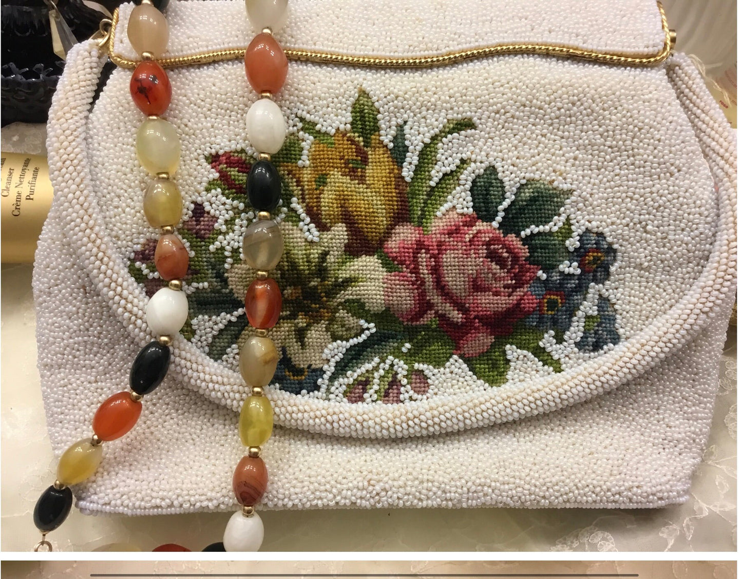 Vintage Beaded & Embroidered Purse - Petit Point Embroidery - Evening or Wedding Bag - Hand Beaded In The Crown Colony Of Hong Kong