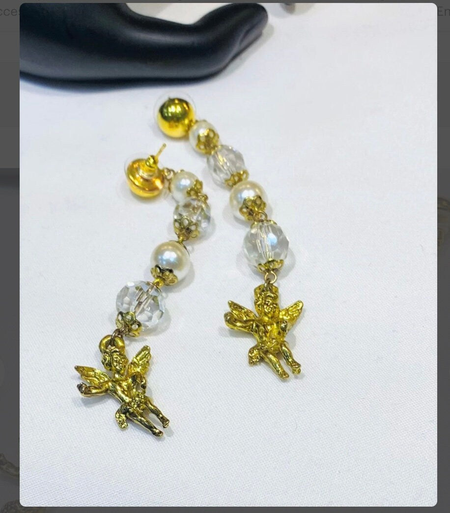 Pretty Long Vintage Faux Pearl and Faceted Glass Cherub Dangle Earrings