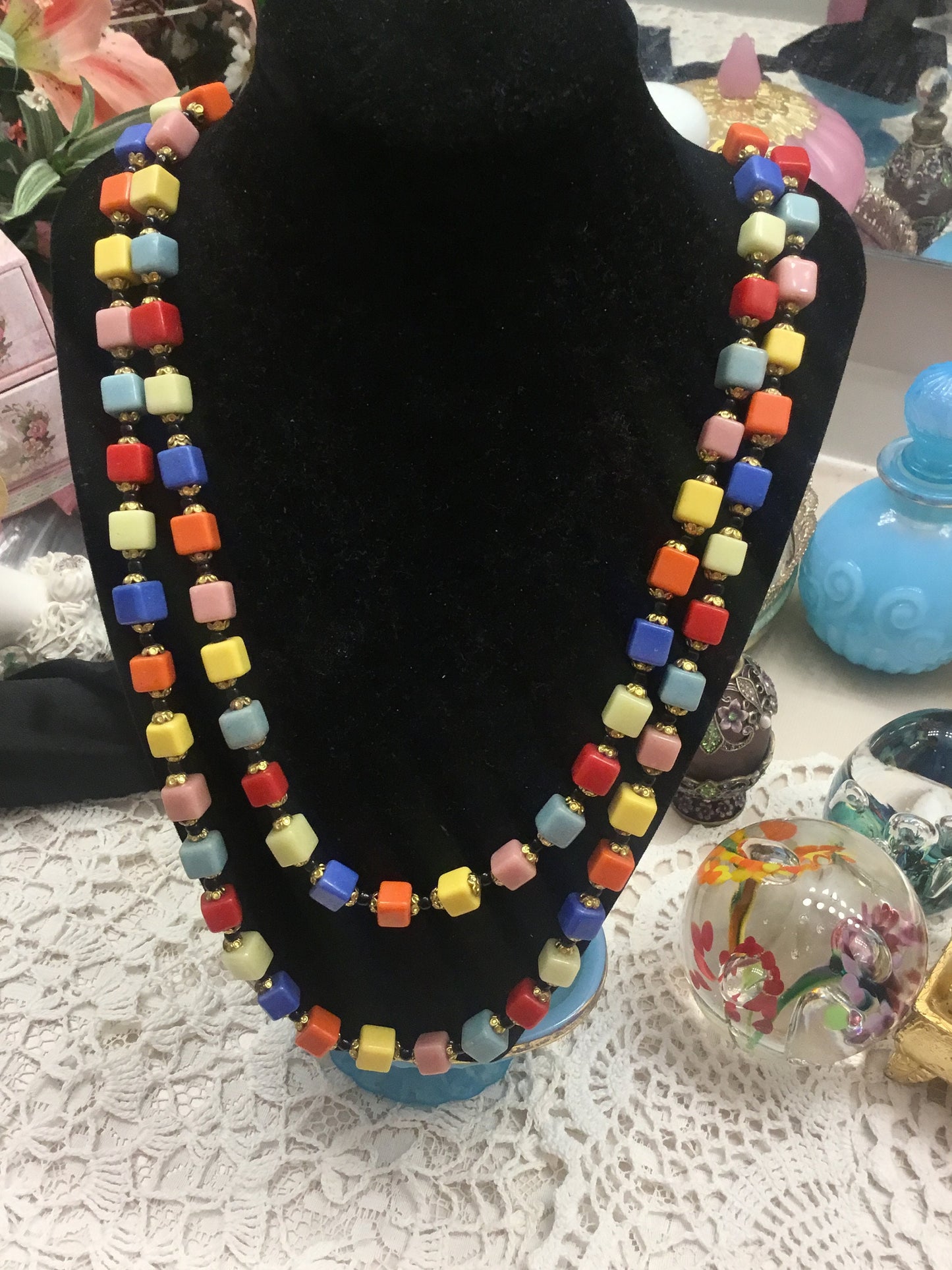 MCM Murano Italy Multi Color Cubic Glass Beads Opera Length Necklace
