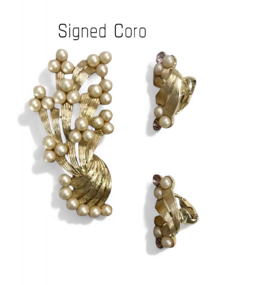 Coro Pegasus Pearl and Gold Brooch with Matching Earrings - Vintage Mid-Century