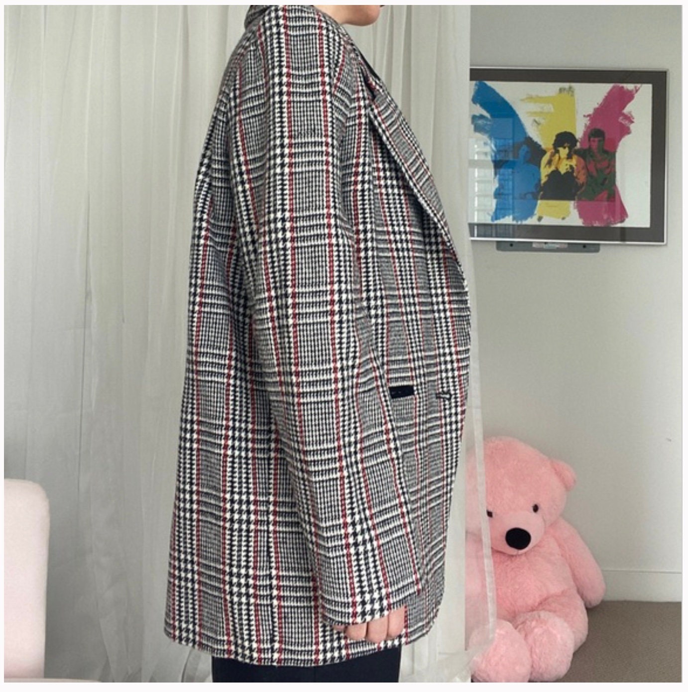 Vintage Houndstooth Plaid Wool Blend Blazer