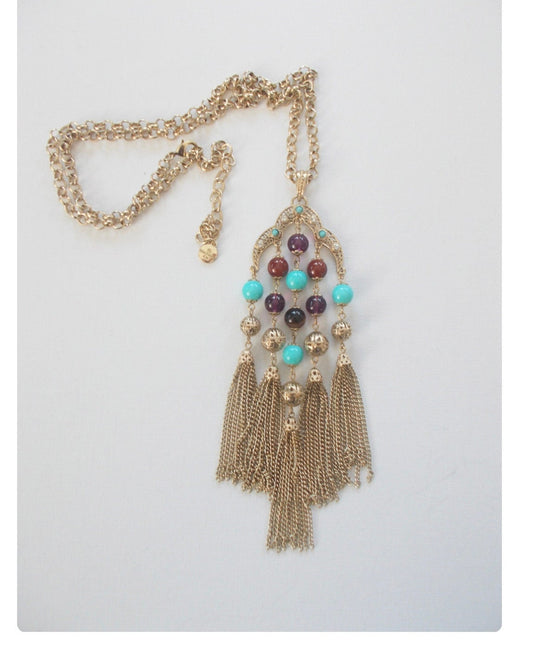 Graziani Vintage Statement Tassel Necklace - Gold Tone, Glass & Bead Detailing, Boho Pendant Necklace