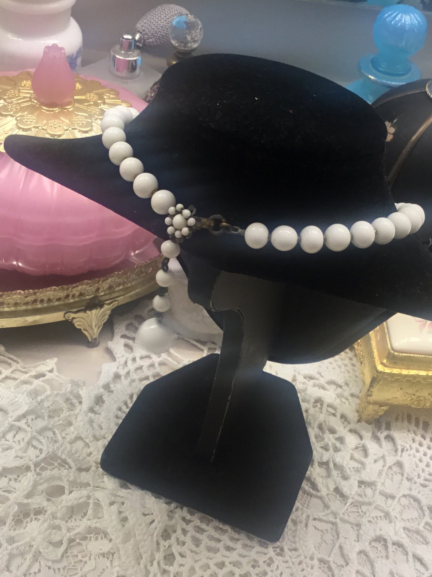Lovely Signed Miriam Haskell Milk Glass Graduated Bead Pendant Necklace from the 1950’s