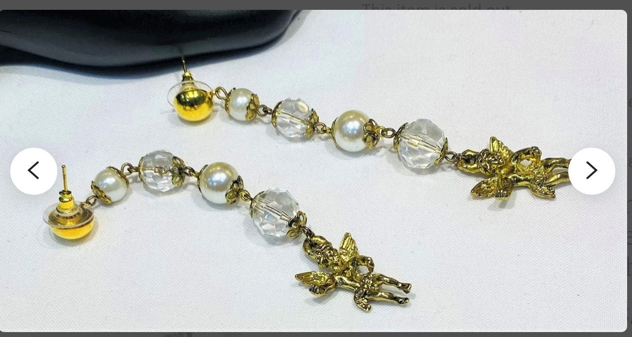 Pretty Long Vintage Faux Pearl and Faceted Glass Cherub Dangle Earrings
