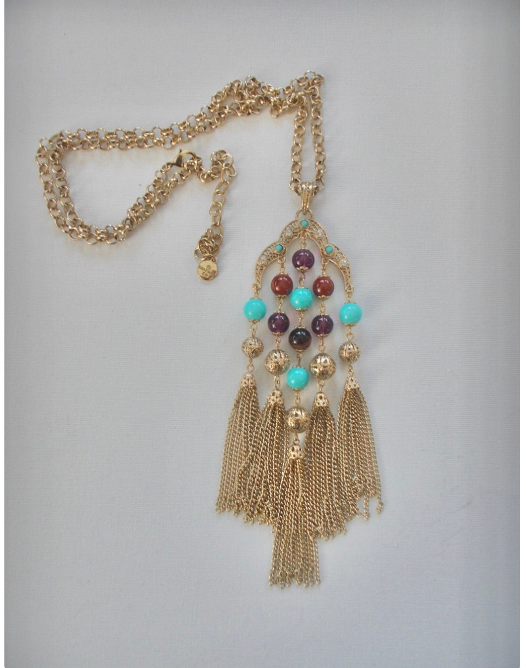 Graziani Vintage Statement Tassel Necklace - Gold Tone, Glass & Bead Detailing, Boho Pendant Necklace
