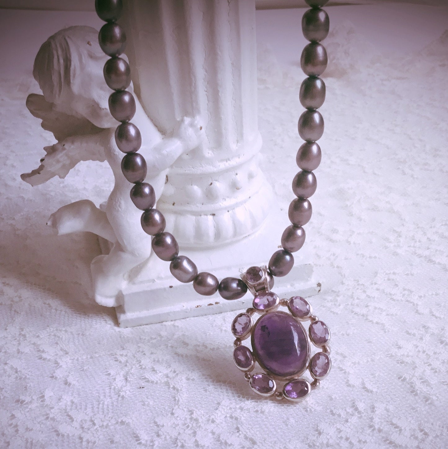 Dark Purple Oval Amethyst Pendant , Natural Black Baroque Freshwater Pearl Necklace 16 1/2”