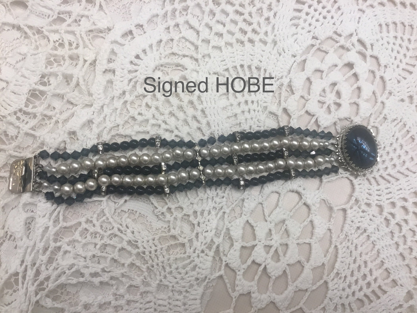 1950’s Vintage Signed Hobe Pearl,faux star sapphire, and Crystal Bracelet