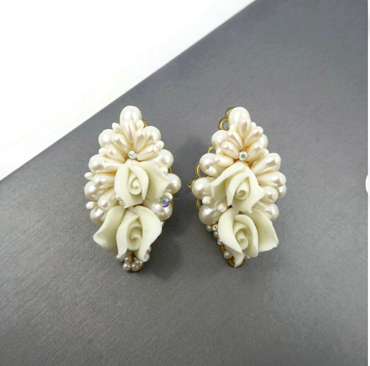 Vintage MARIE ANTOINETTE Signed Cream Pearled Cluster Bead Earrings with Ceramic Roses, Gold Tone, Clip Ons