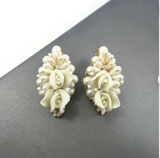 Vintage MARIE ANTOINETTE Signed Cream Pearled Cluster Bead Earrings with Ceramic Roses, Gold Tone, Clip Ons