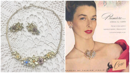 Mint condition ,CORO Honore Rhinestone Flower Garden Necklace and earrings Adolph Katz Signed Vintage Designer Jewelry