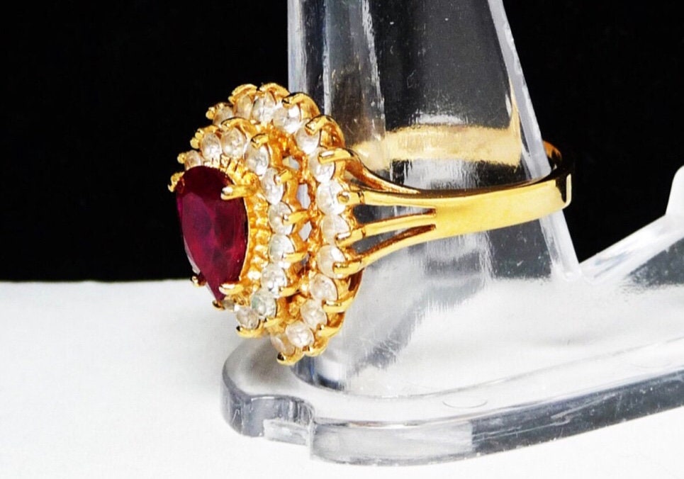 Vintage Treated Red Ruby spinel Teardrop Ring - Gold Signed 14KT GE ESPO - 3 Tiered Ring - Treated  Red Ruby Spinel ,Vintage