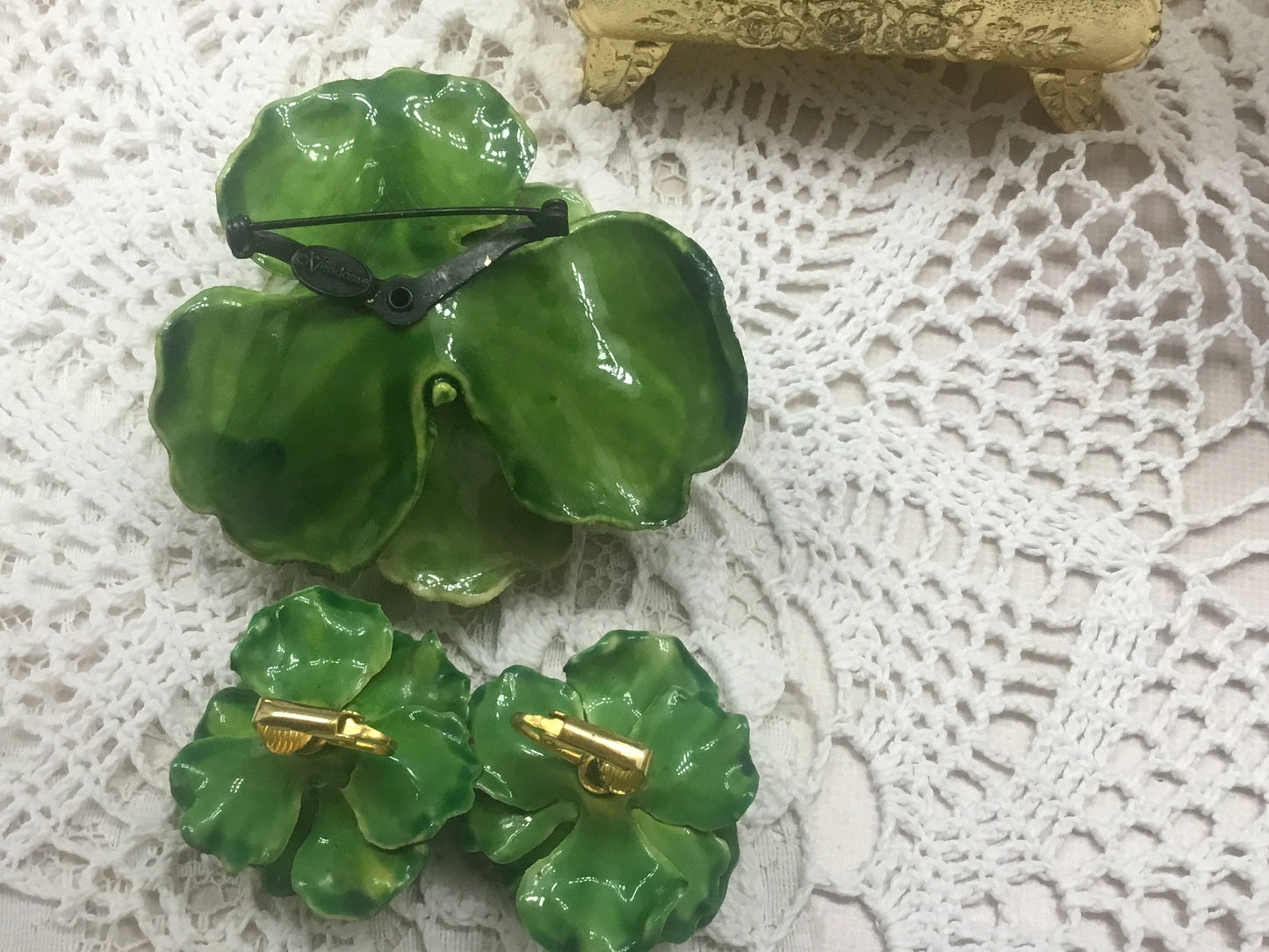 Signed Vendome  Large painted enamel and Paste Flower brooch ,Earrings Set Suite,1960s