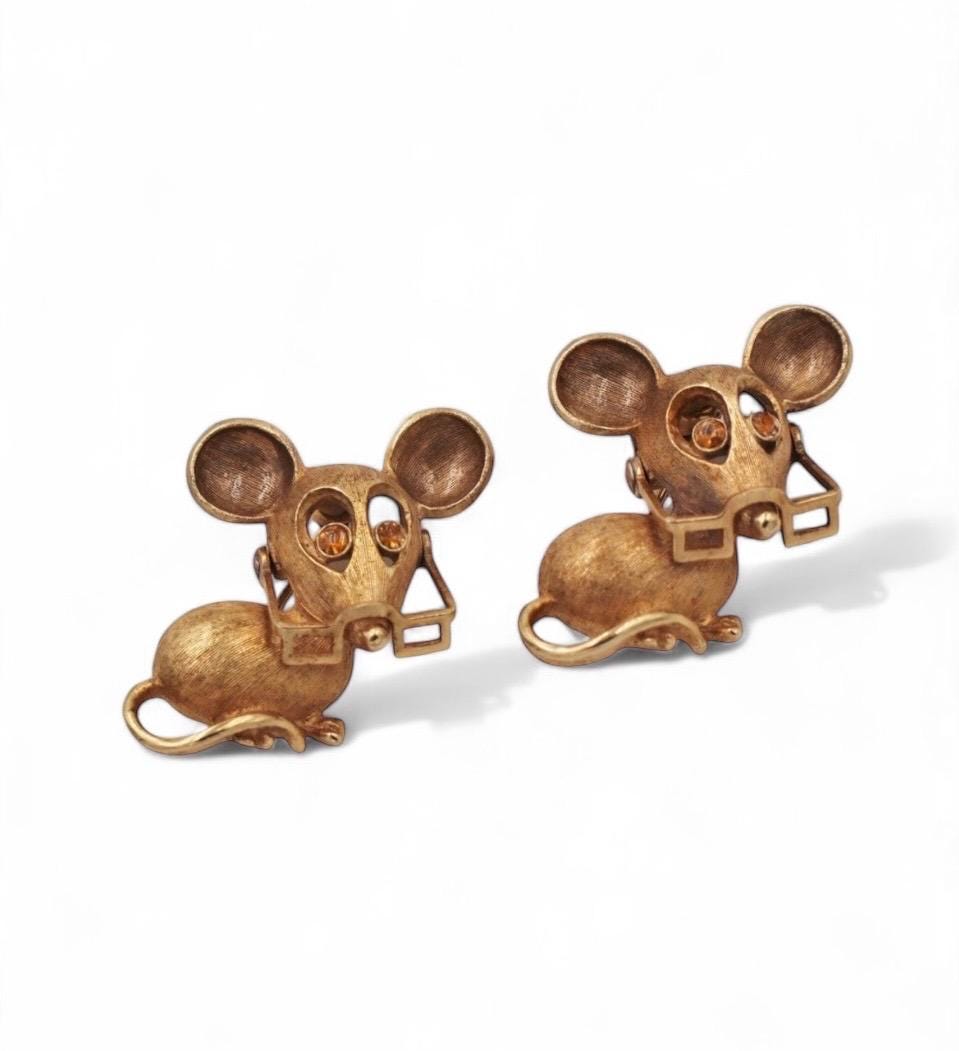 Vintage Avon Mouse Articulating Glasses Rhinestone Eyes Brooch Pin Set