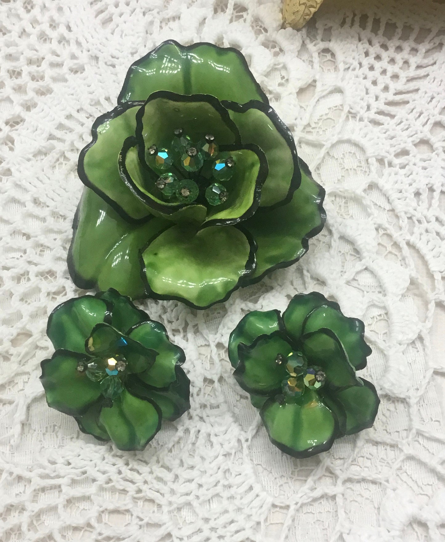 Signed Vendome  Large painted enamel and Paste Flower brooch ,Earrings Set Suite,1960s