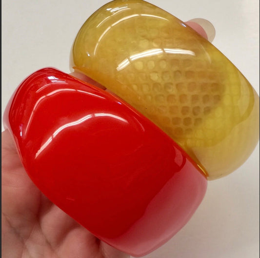 1960 Apple Juice BAKELITE ?semi transparent with a snakelike pattern  Bangle and Red Acylic Resin bangle