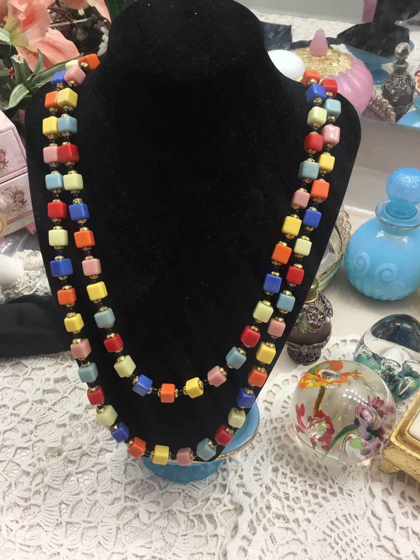 MCM Murano Italy Multi Color Cubic Glass Beads Opera Length Necklace