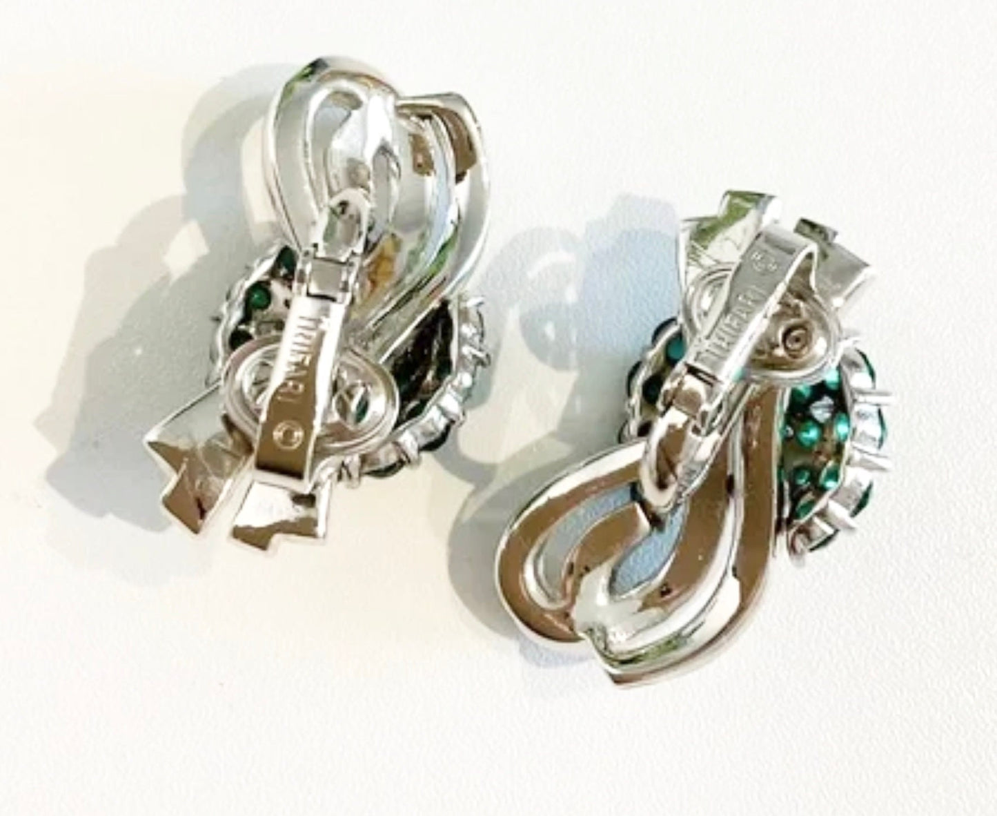 Extra Rare Vintage 1950s TRIFARI Faux Emerald Geometric Clip On Sparkly Earrings