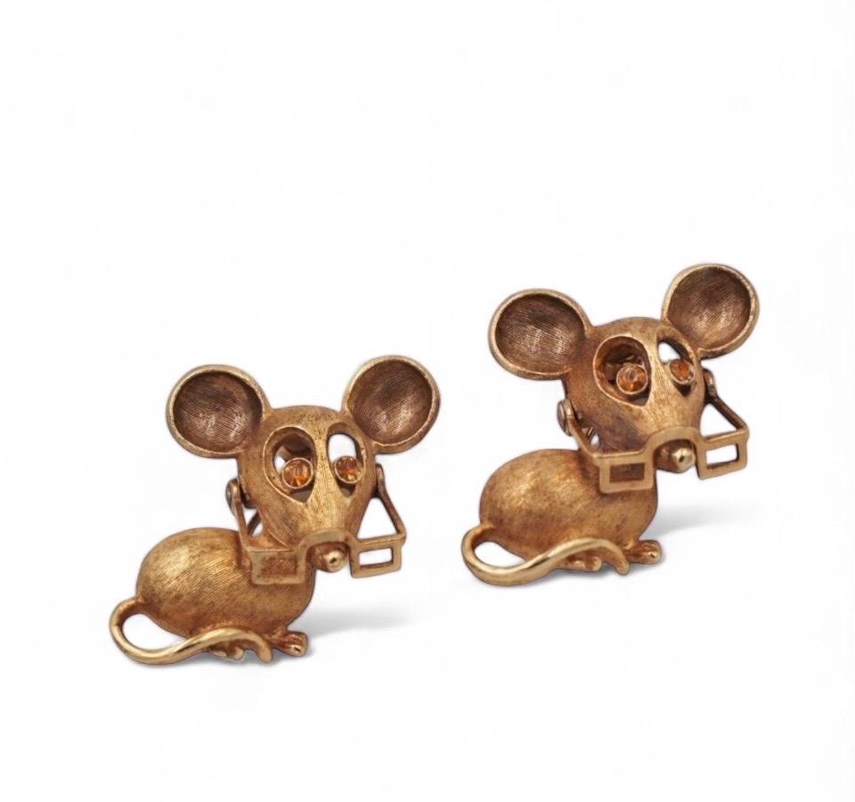 Vintage Avon Mouse Articulating Glasses Rhinestone Eyes Brooch Pin Set