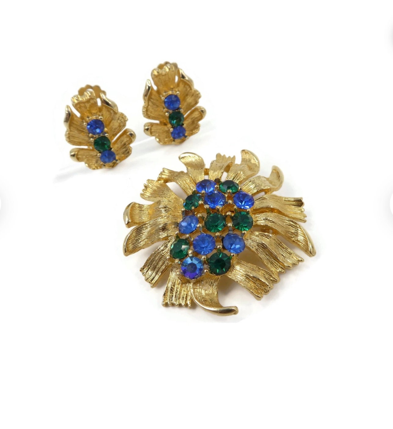Vintage Blue Green Rhinestone Brooch Set with Clip-On Earrings in Gold Tone