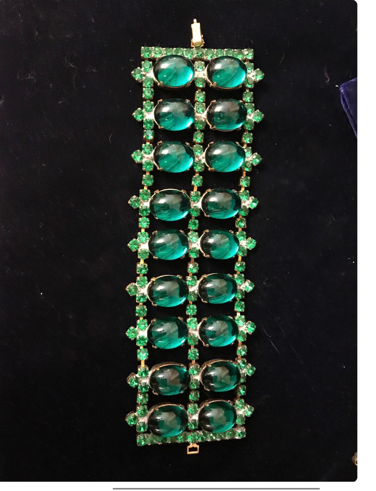 Garden of Green: Vintage Czech Brass Emerald Green Glass Cabochons & Rhinestone Bracelet Vintage Juliana Rhinestone Brooch Clip-On