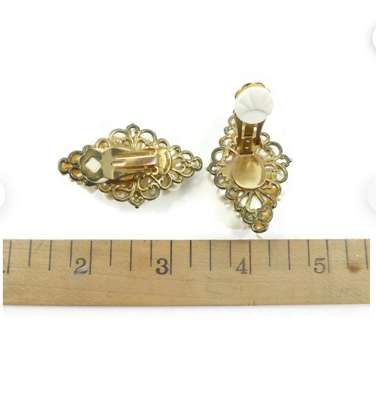 Vintage MARIE ANTOINETTE Signed Cream Pearled Cluster Bead Earrings with Ceramic Roses, Gold Tone, Clip Ons