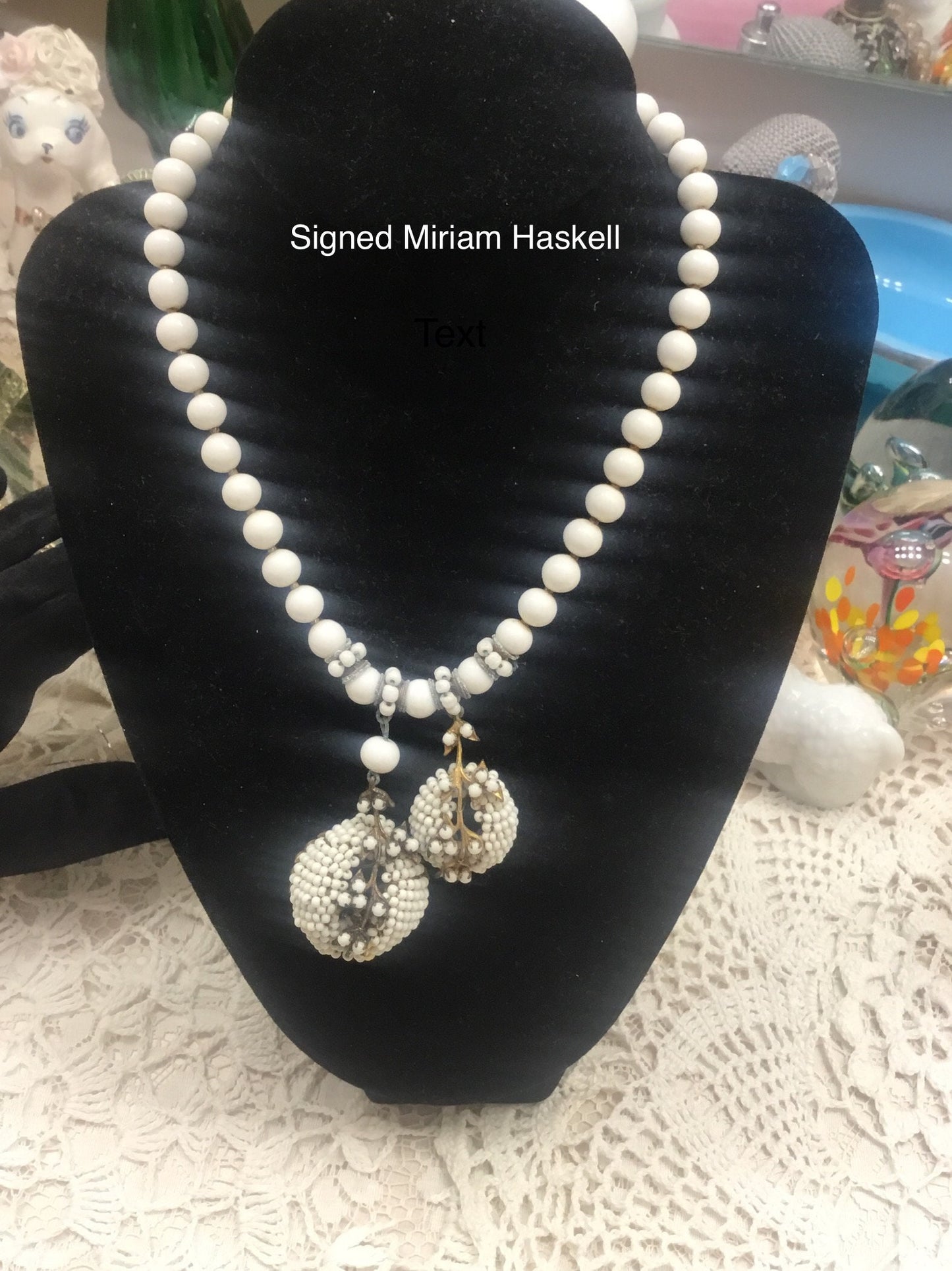 Lovely Signed Miriam Haskell Milk Glass Graduated Bead Pendant Necklace from the 1950’s