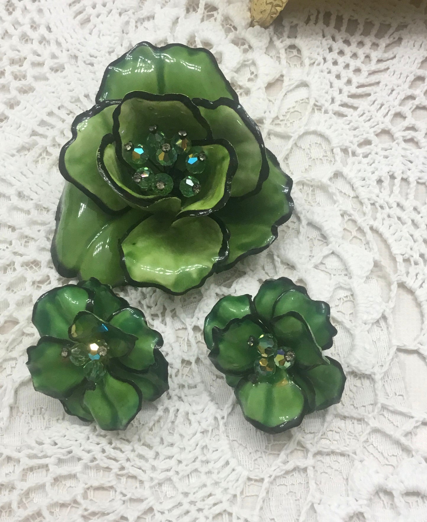 Signed Vendome  Large painted enamel and Paste Flower brooch ,Earrings Set Suite,1960s