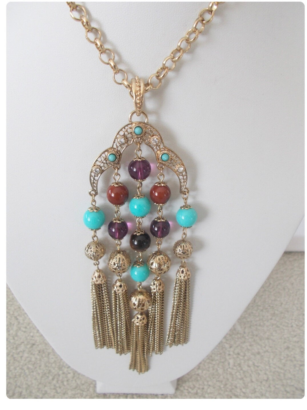 Graziani Vintage Statement Tassel Necklace - Gold Tone, Glass & Bead Detailing, Boho Pendant Necklace