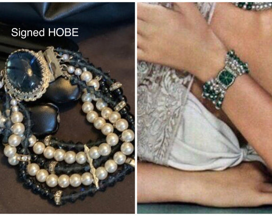 1950’s Vintage Signed Hobe Pearl,faux star sapphire, and Crystal Bracelet