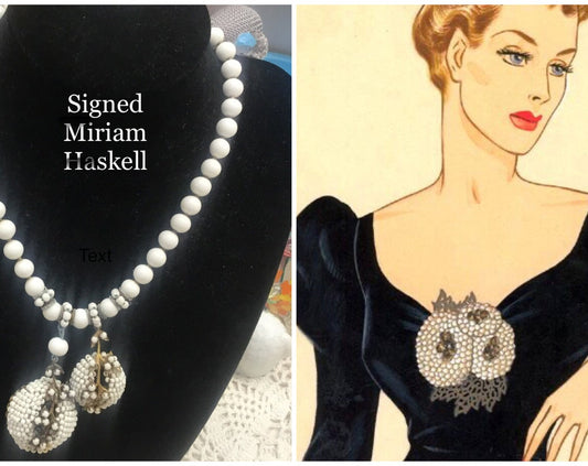 Lovely Signed Miriam Haskell Milk Glass Graduated Bead Pendant Necklace from the 1950’s