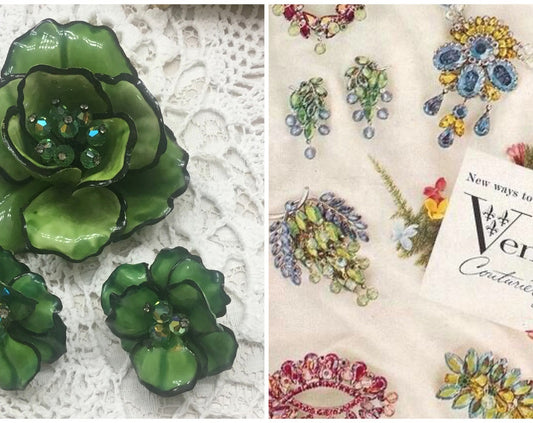 Signed Vendome Large painted enamel and Paste Flower brooch ,Earrings Set Suite,1960s